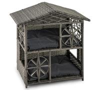 GOPLUS Niche pour Chat Exterieur en Rotin, 69 x 41 x 70 CM, Maison pour Chat avec Condo à 2 Niveaux en Osier avec Fenêtres Élégant, Toit, Charge 40 KG, Entrée Latéral, Coussins Amovibles Doux, Gris