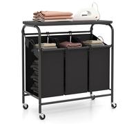 GOPLUS Panier a linge à 3 Sacs Amovibles, Panier à Linge à Roulettes Verrouillables avec Planche à Repasser Pliable pour Buanderie, Salle de Bain, Noir et Gris