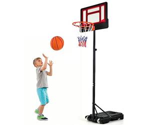 GOPLUS Panier de Basket Exterieur sur Pieds, Mobile avec Roulette, Hauteur Réglable de 1,50 à 2,50m, Panneau en PE, Base Stable Remplissable d’Eau ou Sable, Idéal pour Intérieur et Extérieur (Rouge)