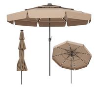 GOPLUS Parasol de Jardin Extetieur avec 32 lumières LED, 3M Parasol Balcon Inclinable avec Manivelle, Auvent à 3 Couches, 8 Baleines, pour Terrasse, Piscine, Base Non Incluse (Marron)