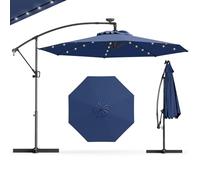 GOPLUS Parasol Déporté 3x3M, Grand Parasol de Jardin Extérieur avec 32 LED Solaires, 8 Baleines, Protection Solaire, Toile Inclinable, Rotatif à 360° pour Balon Patio Terrasse (Bleu Foncé)