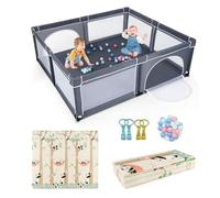 GOPLUS Parc Bébé 10 Mois à 6 Ans, 206x186CM Parc Bébé en Maille avec Balles, 4 Anneaux et Tapis de Panda, Centre d'Activités de Parc Enfant, Idéal pour Intérieur et Extérieur (Gris Foncé)