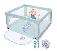 GOPLUS Parc Bebe 120x126CM, Parc Enfant en Maille avec 50 Balles et 2 Anneaux, Centre D'Activités Intérieur et Extérieur pour 10 Mois à 6 Ans (Bleu)
