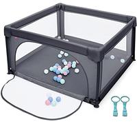 GOPLUS Parc Bebe 126x126CM, Parc Enfant en Maille avec 50 Balles et 2 Anneaux, Centre D'Activités Intérieur et Extérieur pour 10 Mois à 6 Ans (Gris Foncé)