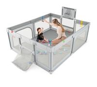 GOPLUS Parc Bebe 188 x 157 cm, Parc Enfant Portable avec Panier de Basket, But de Football, 50 Balles Océaniques, 4 Anneaux, Sac de Transport, Centre d'Activités pour 0-36 Mois (Gris)