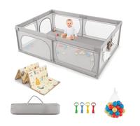 GOPLUS Parc Bébé 206×147×68,5CM, Parc Enfant avec 50 Boules Océaniques et Grande Porte à Fermeture Éclair, Sac Portable, Parc de Jeux pour 0-3 Ans avec Maille Respirante (Gris Clair)