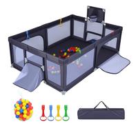 GOPLUS Parc Bébé avec 50 Balles Océaniques, Aire de Jeux avec Panier de Basket et 2 Buts de Footballs, 4 Anneaux de Traction, Portes Zippées, Parc Enfant Pliable et Portable pour 0-3 Ans (Gris Foncé)