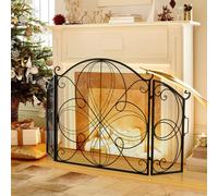 GOPLUS Pare Feu Cheminée Pliable 3 Panneaux en Fer, Écran de Cheminée Pare-Étincelles Pliable pour Décoration de Salon, Grille de Protection pour Cheminée Autoportante (Couronne, 151x83CM)