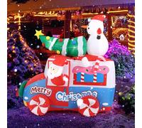GOPLUS Père Noël et Bonhomme de Neige sur Camion Gonflable, Décoration Noël Extérieur avec 5 Lumières LED, Ventilateur Intégré, 6 Piquets, 2 Cordes