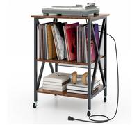 GOPLUS Petit Meuble de Rangement Roulant pour Tourne-disque et Disques Vinyles à 3 Niveaux avec Station de Charge Intégrée-Brun