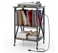GOPLUS Petit Meuble de Rangement Roulant pour Tourne-disque et Disques Vinyles à 3 Niveaux avec Station de Charge Intégrée-Gris