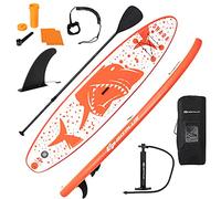 GOPLUS Planche de Stand Up Paddle Board Gonflable Adulte 320x76x15CM, Sup Board avec Sac à Dos, Pompe et Pagaie Réglable, Corde à Pied, Kit de Réparation, Tapis Antidérapant, Requin Orange