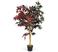 GOPLUS Plante Artificielle en Pot Hauteur 150CM, Art Faux Bonsaï Décoration en Plastique, Simulation Décorations Paysager à Intérieur ou Extérieur (Ficus Rouge)