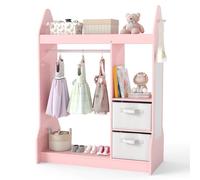GOPLUS Portant à Vêtements Enfant en Bois, Penderie Enfant avec Miroir Pleine Longueur, Étagères, Crochets, 2 Boîtes en Tissu, Garde-Robe Fille pour Chambre Salle de Jeux (Rose)