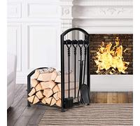 GOPLUS Porte-Bûche avec 4PCS Serviteurs de Cheminée, Pince Brosse Pelle Tisonnier, Range-buches Rangement du Bois pour Extérieur&Intérieur, 43 x 40 x 70 cm