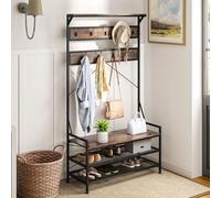 GOPLUS Porte-manteau avec Meuble à Chaussures, 3 Étagères, Partie Supérieure Large, 11 Crochets, 2 Dispositifs Antichute et Pieds Réglables, Porte-Vêtements avec Banc pour Entrée et Salon (Marron)