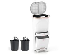 GOPLUS Poubelle Cuisine 42 L, Poubelle Tri Selectif à 3 Niveaux avec 2 Seaux Amovibles 12Lx2, Tiroir 4L, Compartiment Incliné 14L,Poignées, Pédale, Récipient Déchets (42L|2 Couvercles,Blanc|4 Bacs)