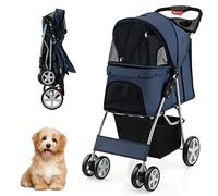 GOPLUS Poussette Pliable Chariot Pliant Animaux Panier Plateau de Rangement Porte-gobelet, Auvent Réglable, Roues EVA Tout-terrain avec Frein, 87 x 46 x 102 cm, Marine