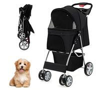GOPLUS Poussette Pliable Chariot Pliant Animaux Panier Plateau de Rangement Porte-gobelet, Auvent Réglable, Roues EVA Tout-terrain avec Frein, 87 x 46 x 102 cm, Noir