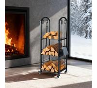 GOPLUS Range Buche Interieur Mobile, Porte buche Interieur avec 4 Roulettes Pivotantes avec Étagères en Grille, 4 Accessoires Serviteur Cheminée, Base Surélevée, Rangement (40x30x108CM|3 Étagères)