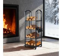 GOPLUS Range Buche Interieur Mobile, Porte buche Interieur avec 4 Roulettes Pivotantes avec Étagères en Grille, 4 Accessoires Serviteur Cheminée, Base Surélevée, Rangement (47x33x122CM|4 Étagères)