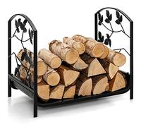 GOPLUS Range Bûches Cheminée, Porte Bûches en Acier avec des Pieds Surélevés, Motifs Feuilles Élégants, Charge 50 kg, Intérieur Extérieur 48 x 34 x 41 cm