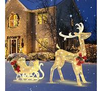 GOPLUS Renne Traîneau Noel LED avec 170 Lumières Blanc Chaud, Decoration Noel Exterieur Lumineuse, Rubans Rouges, Attaches de Câble et Piquets de Sol, pour Pelouse, Jardin