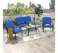 GOPLUS Salon de Jardin Exterieur 4 Personnes, 4Pcs Ensemble Meubles Extérieur avec Table Basse en Verre Trempé, Canapé 2 Personnes Coussins+2 Fauteuils Charge 300KG, pour Patio, Terrasse,Balcon, Bleu