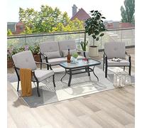 GOPLUS Salon de Jardin Exterieur 4 Personnes, 4Pcs Ensemble Meubles Extérieur avec Table Basse en Verre Trempé, Canapé 2 Personnes Coussins+2 Fauteuils Charge 300KG, pour Patio, Terrasse,Balcon, Gris