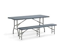 GOPLUS Salon de Jardin Exterieur Pliant 180 CM en Plastique, Table et Chaise de Jardin Exterieur avec Cadre en Métal, Verrouillage de Sécurité, Idéal pour Pique-Nique, Terrasse, Patio (Gris)