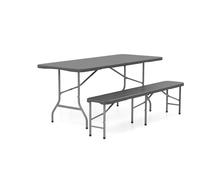 GOPLUS Salon de Jardin Exterieur Pliant 180 CM en Plastique, Table et Chaise de Jardin Exterieur avec Cadre en Métal, Verrouillage de Sécurité, Idéal pour Pique-Nique, Terrasse, Patio (Grain Gris)