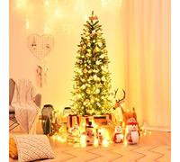 GOPLUS Sapin de Noel Artificiel 150 cm, Sapin de Noel Lumineux LED Lumière Blanche Chaude, Branches en PVC Ignifuge, Montage Facile, Arbre de Noël Forme de Crayon pour Maison Entreprise