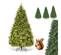 GOPLUS Sapin de Noel Artificiel 225 cm, Sapin de Noel Lumineux avec 540 LED Blanche Chaude, 71 Pommes de Pin, Branches Touffues, Décoration Noël pour Maison Entreprise Magasin