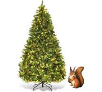 GOPLUS Sapin de Noël Artificiel 225CM Lumineux avec Pommes de Pin, Feuilles en PVC/PE,540 LED Blanche Chaude,Socle en Fer,Vert