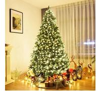 GOPLUS Sapin de Noël Artificiel 240CM Lumineux avec Pommes de Pin, Feuilles en PVC/PE,600 LED Blanche Chaude,Socle en Fer,Vert