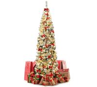 GOPLUS Sapin de Noel Artificiel Lumineux 225cm, Sapin Noel Mince Ennneigé à Crayons avec 350 LED & 641 Branches en PVC, Décoration Noël pour Maison Entreprise