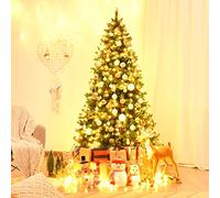 GOPLUS Sapin de Noel Artificiel Lumineux, 300 LED Lumière Blanche Chaude, Branches en PVC Ignifuge avec 32 Pommes de Pin et 32 Baies Rouges, Base en Fer, Vert (135cm)