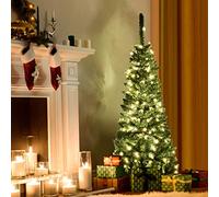 GOPLUS Sapin de Noël Artificiel Lumineux Mince, 150 LED Lumière Blanche Chaude, Branches Touffues, Aiguilles en PVC, Socle en Fer, Ouverture Parapluie, Décoration de Noël, Vert (140cm)