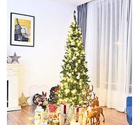 GOPLUS Sapin de Noël Artificiel Lumineux Mince, 350 LED Lumière Blanche Chaude, Branches Touffues, Aiguilles en PVC, Socle en Fer, Ouverture Parapluie, Vert (230cm)