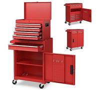 GOPLUS Servante d’Atelier avec Coffre Amovible, 28 x 59 x 102CM, Caisse à Outils Roulant avec 5 Tiroir Verrouillable & Armoire à Étagère Réglable, Poignée Latérale, pour Garage, Atelier(Rouge)