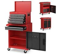 GOPLUS Servante d’Atelier avec Coffre Amovible, 28 x 59 x 102CM, Caisse à Outils Roulant avec 5 Tiroir Verrouillable & Armoire à Étagère Réglable, Poignée Latérale, pour Garage, Atelier(Noir + Rouge)