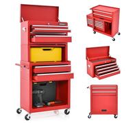 GOPLUS Servante d’Atelier avec Coffre Amovible, 33 x 62 x 132CM, Caisse à Outils Roulant avec 6 Tiroir Verrouillable & Armoire à Étagère avec 4 Crochet, pour Garage, Atelier, Charge 90kg(Rouge)