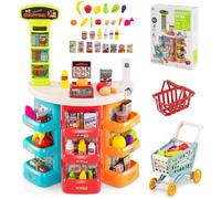 GOPLUS Supermarché Enfant avec Comptoir, Chariot de Course et Panier, Balance Simulée, Caisse Enregistreuse avec Lumineux et Sonores, Marchande en PP avec 29 Accessoires pour 3+ Ans (Bleu)