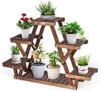 GOPLUS Support de Plantes en Bois Multi-Niveaux, 4 Étagères, 4 Niveaux, 5 Pots, pour Balcon Jardin, Marron, 99 x 25 x 64 cm