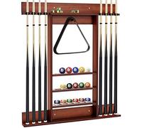 GOPLUS Support pour Queues de Billard en Bois de Pin, Porte-queue de Billard à 8 Queues, Convient pour 15 Boules de Billard, 1 Porte-boules, Support Mural, pour Clubs, Salles de Billard (Brun)