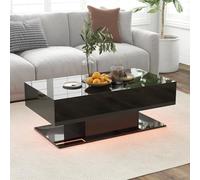 GOPLUS Table Basse LED Moderne, Table Basse Laquée Salon Rectangulaire à 2 Niveaux avec 2 Tiroirs de Rangement, 20 Couleurs de LED, Télécommande, Charge 100KG,110 x 60 x 40 cm (Noir)