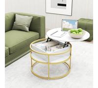 GOPLUS Table Basse Ronde Relevable, Table de Salon Marbre Imité avec Plateau Relevable, Espace Caché, 4 étagères Latérales, Pieds Réglables, 2 Niveaux avec Effet Marbre, pour Maison Bureau, Doré