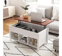 GOPLUS Table Basse Salon Plateau Relevable Moderne, Vérin à Gaz, Table Basse Transformable avec Compartiment Caché 105x52x63CM(Blanc)