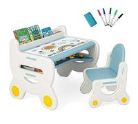 GOPLUS Table Chaise Enfant avec Plateau Effaçable, Stylos Aquarelle et Gomme, Etagere de Rangment, Table d'Activités pour Dessiner, Lire, Jouer, Manger, Idéal pour 3-8 Ans (Bleu)