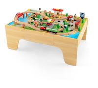 GOPLUS Table Circuit de Train Enfant 3 Ans+ en Bois,84Pcs Train Bois Jouet avec Plateau Réversible&Amovible